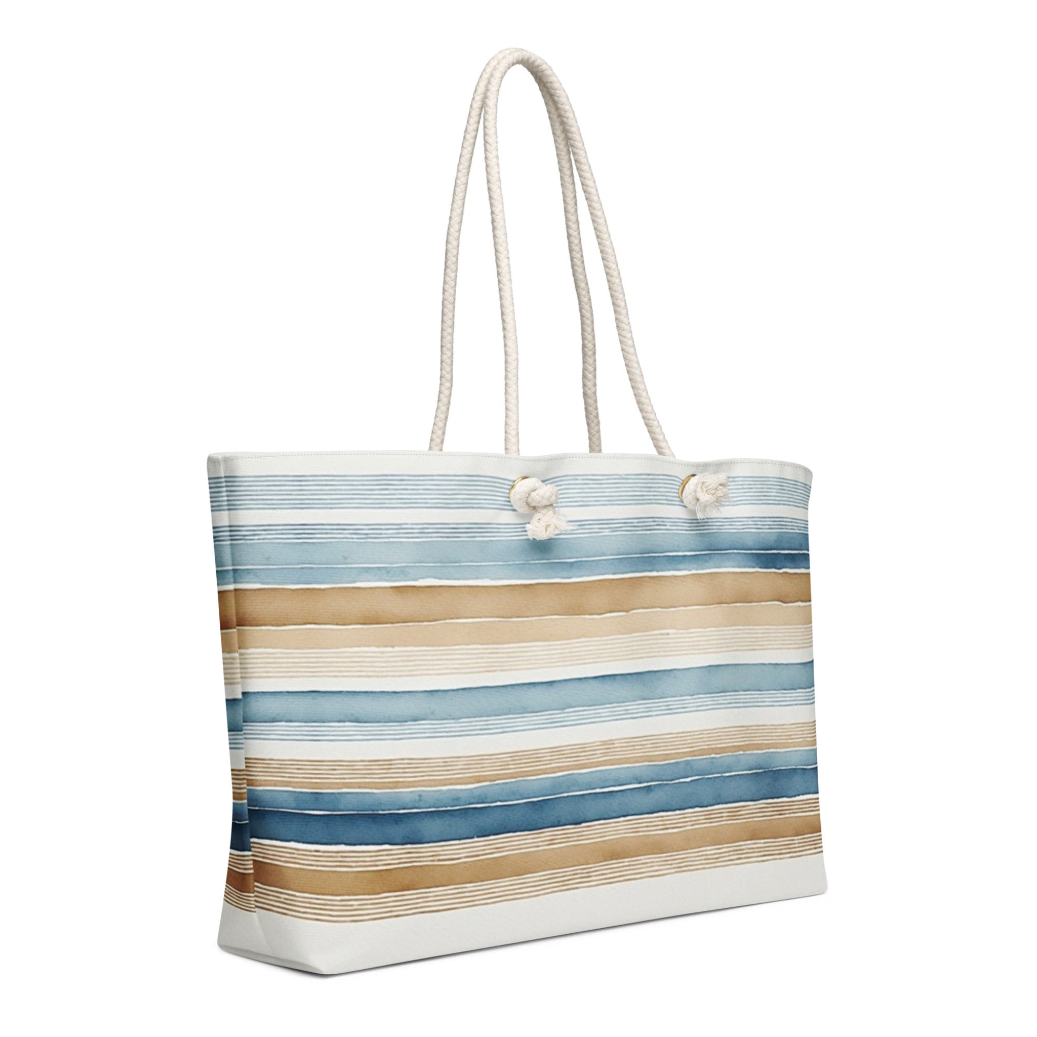 Striped tote bag with a rope handle on a white background