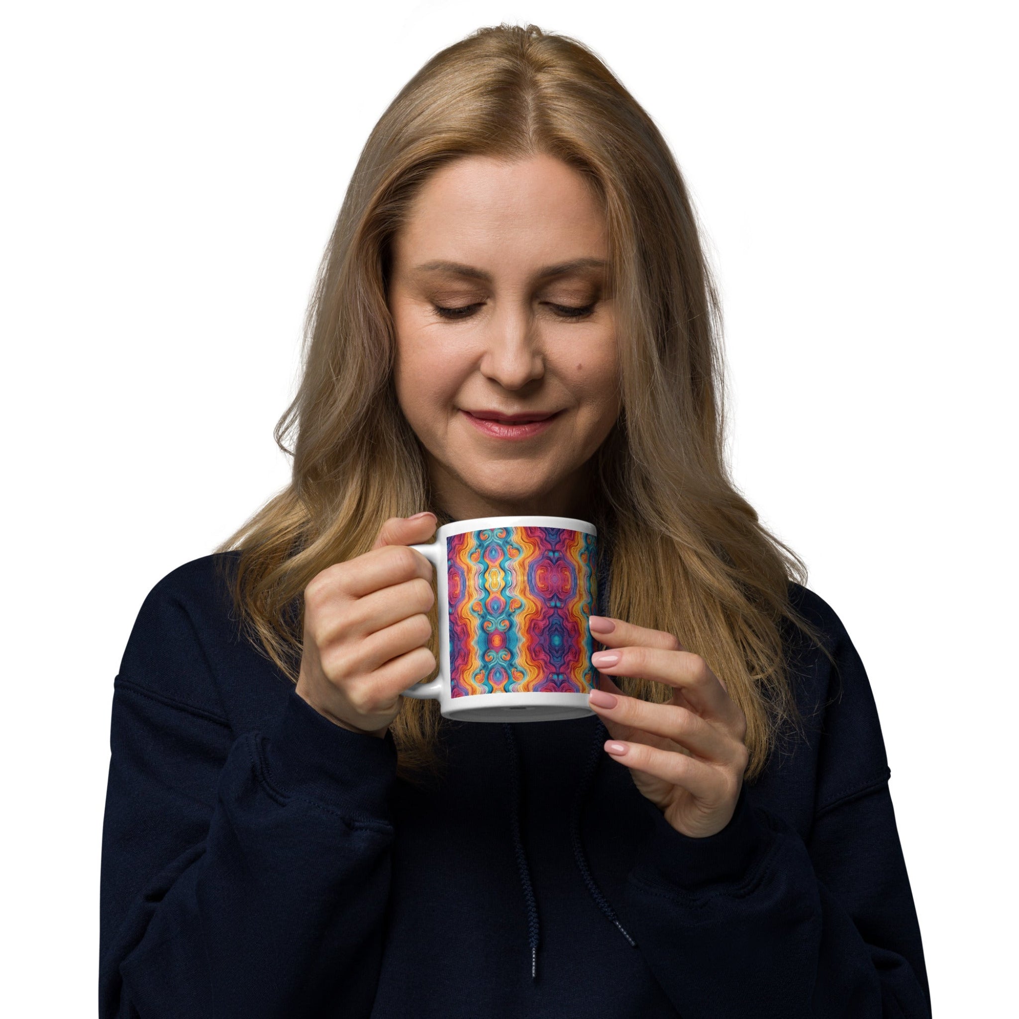 Woman holding a multicolored ceramic coffee mug