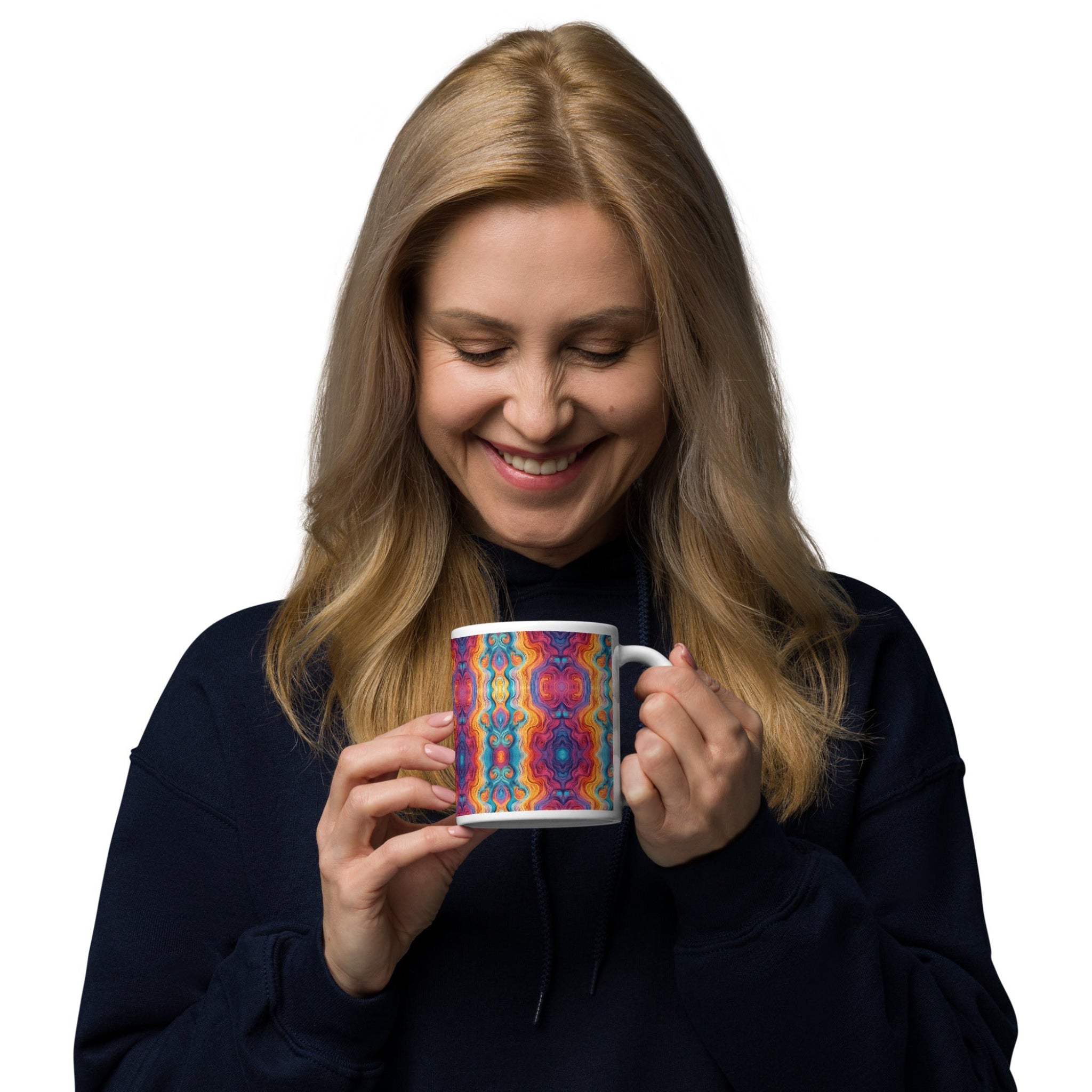 Woman holding a multicolored ceramic coffee mug