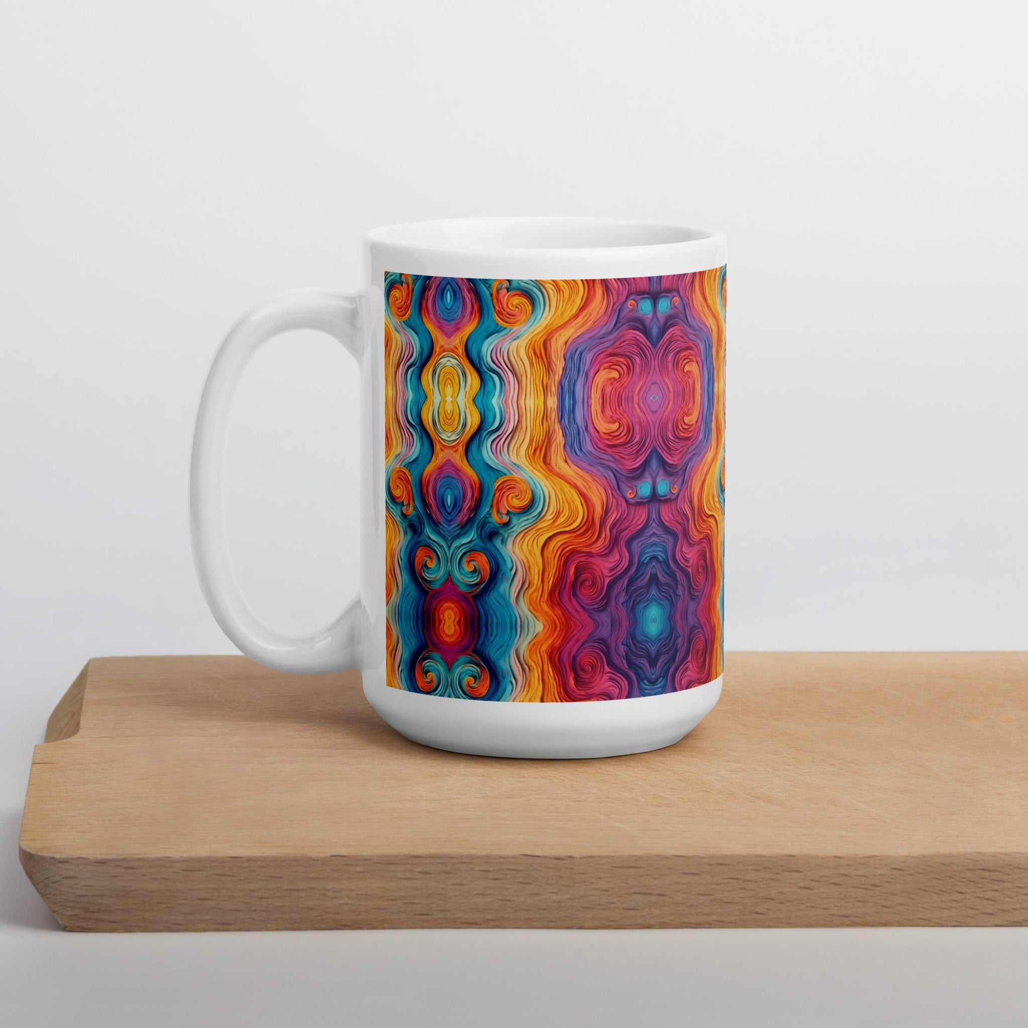 Multicolored ceramic coffee cup on wood table