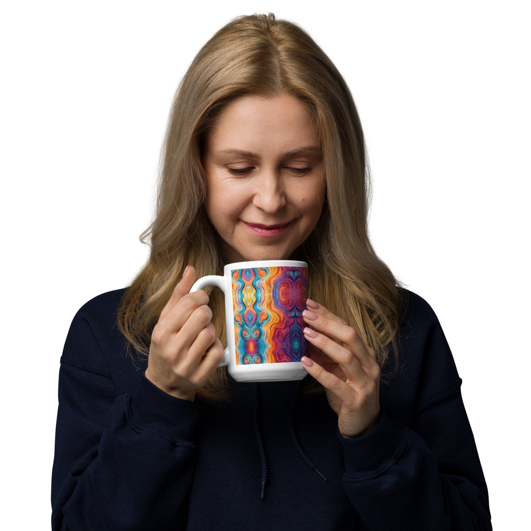 Woman holding a multicolored ceramic coffee mug