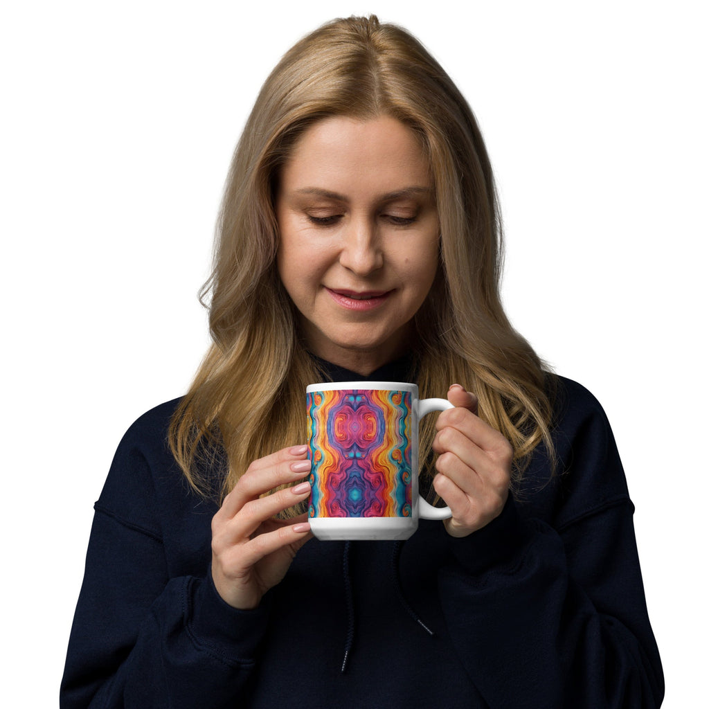 Woman holding a multicolored ceramic coffee mug