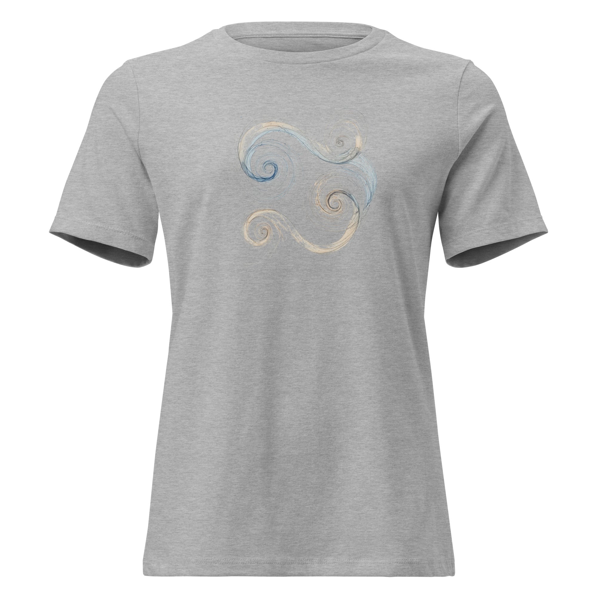Close-up of a athletic heather colored t-shirt featuring a blue and gold Celtic Triskelion spiral design.