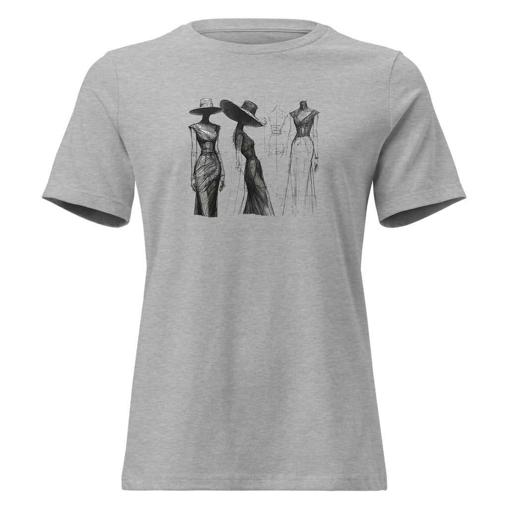 Gray t-shirt with black dress graphic on a white background.