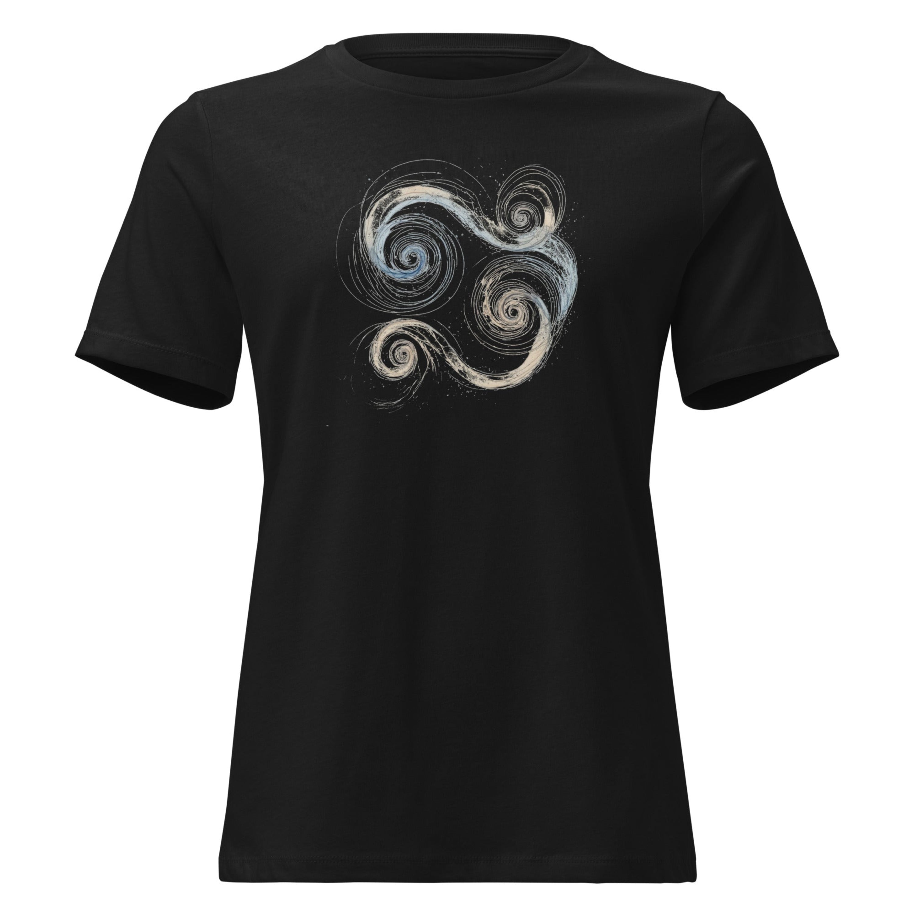 Close-up of a black t-shirt featuring a blue and gold Celtic Triskelion spiral design.