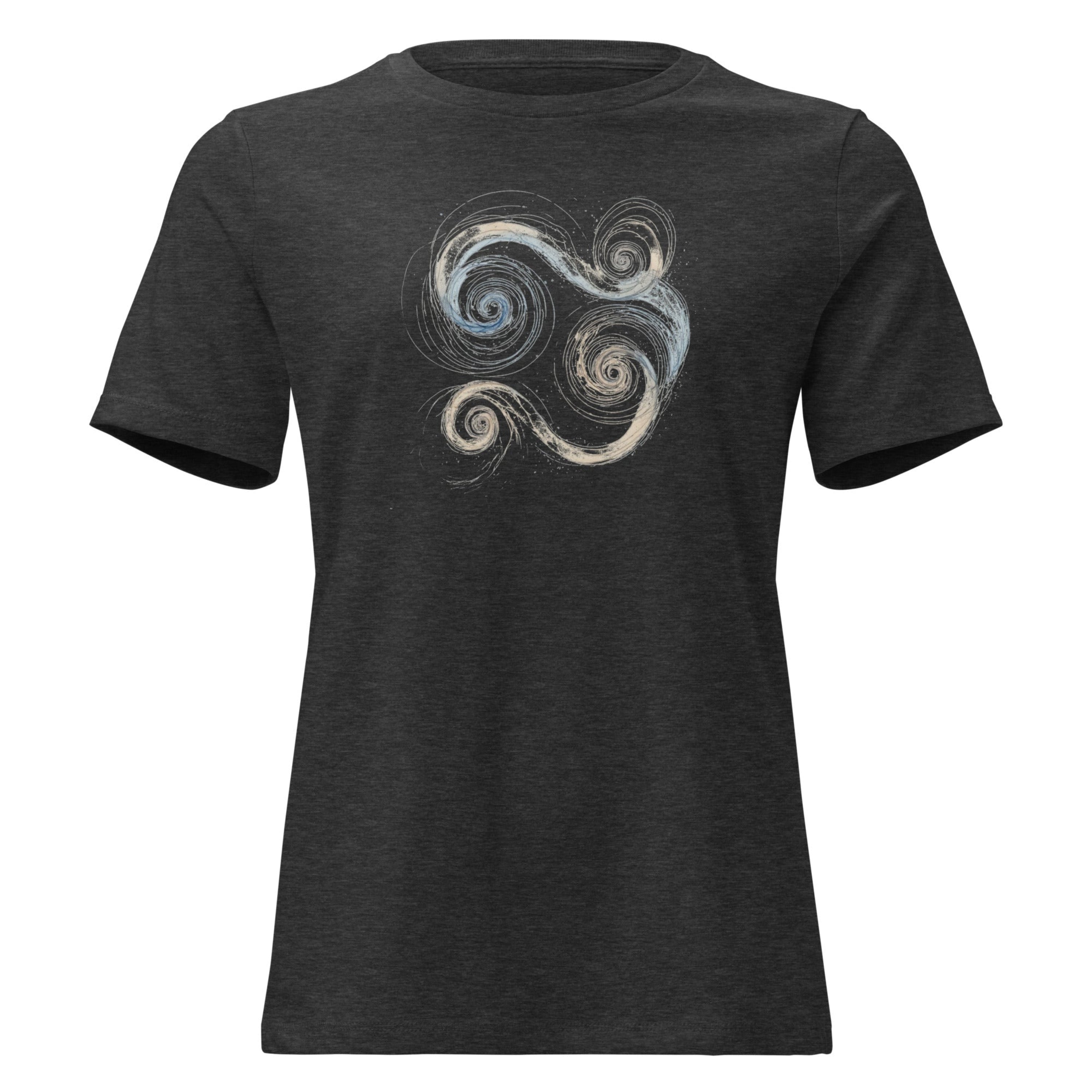 Close-up of a dark grey t-shirt featuring a blue and gold Celtic Triskelion spiral design.