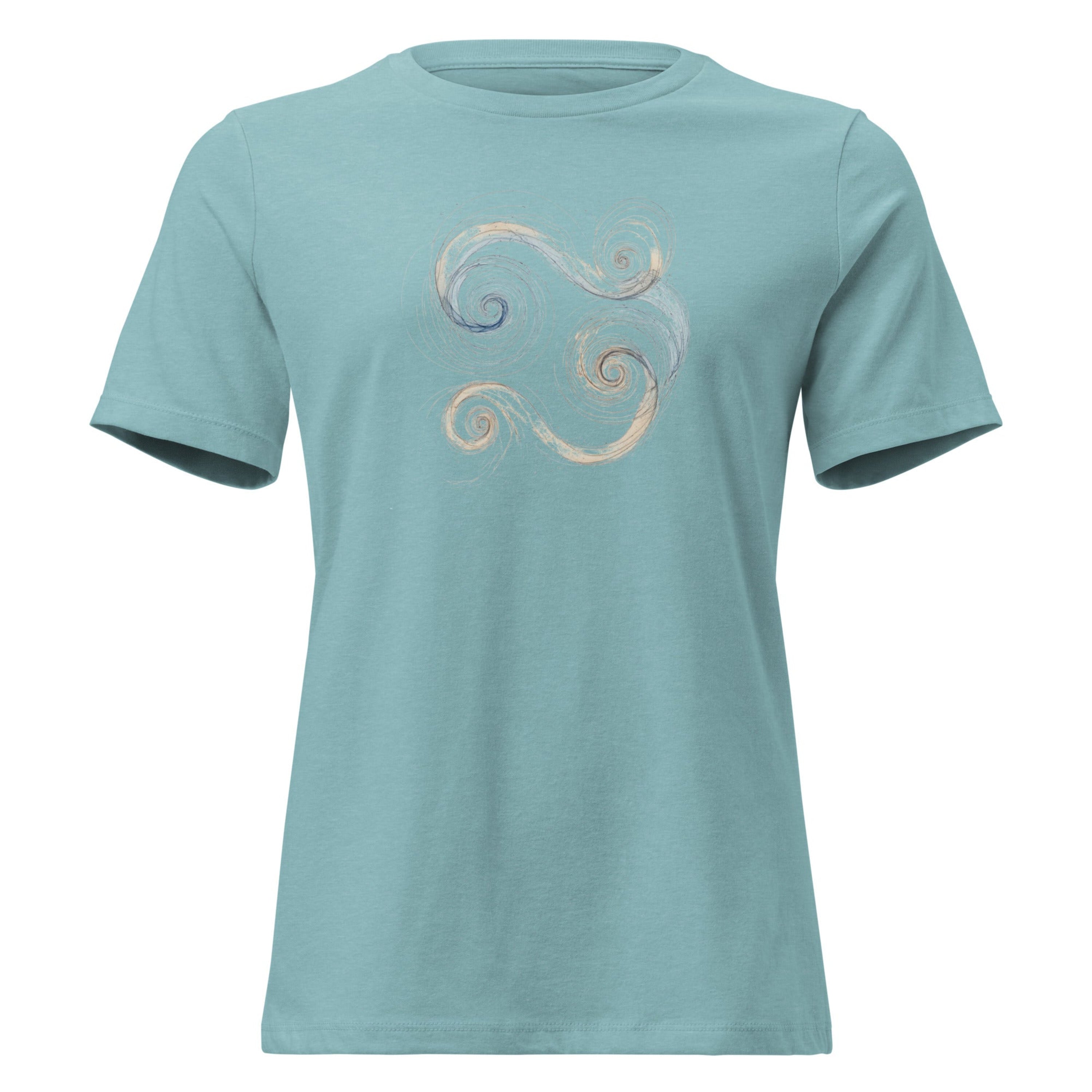 Close-up of a heather blue lagoon t-shirt featuring a blue and gold Celtic Triskelion spiral design.