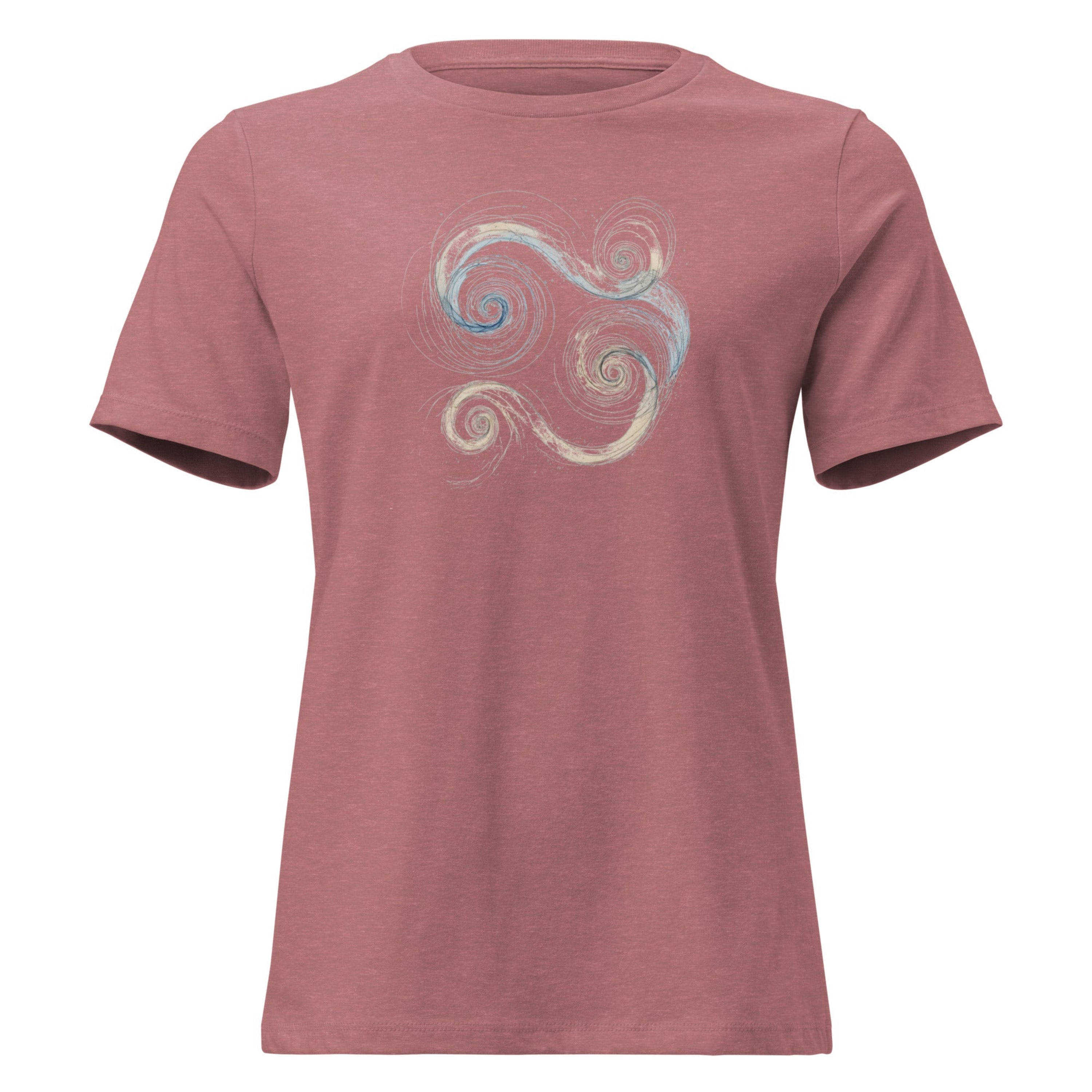 Close-up of a heather-mauve t-shirt featuring a blue and gold Celtic Triskelion spiral design.