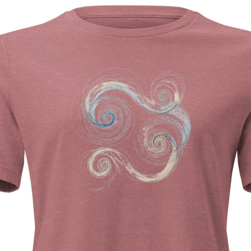 Close-up of a heather-mauve t-shirt featuring a blue and gold Celtic Triskelion spiral design.
