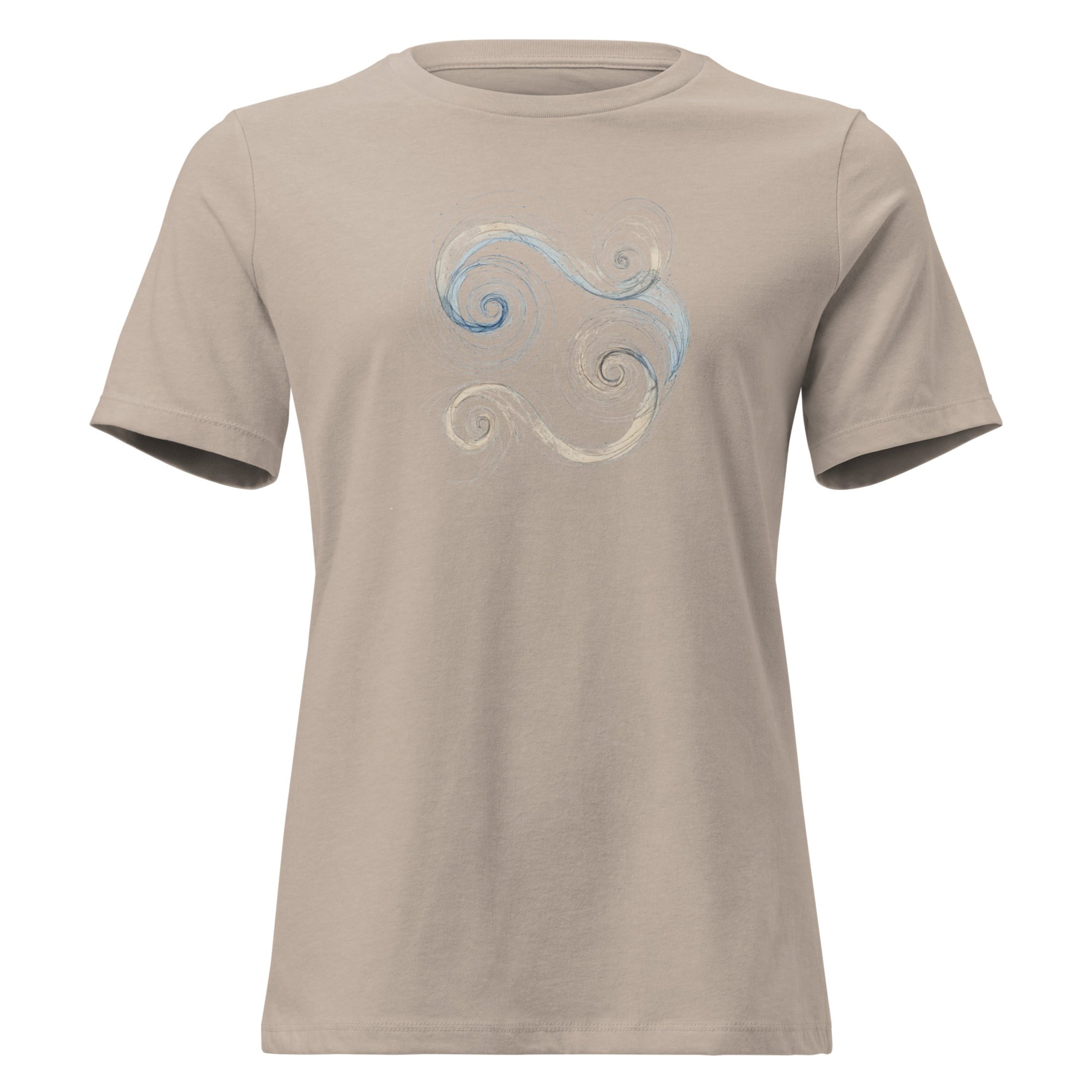 Close-up of a heather stone color t-shirt featuring a blue and gold Celtic Triskelion spiral design.