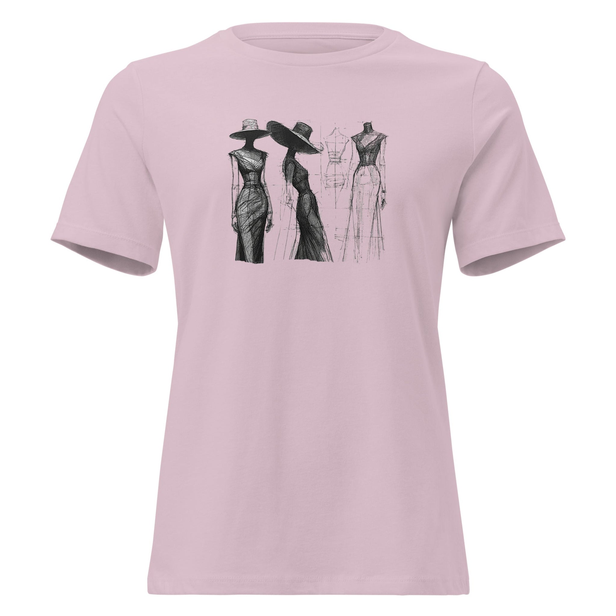 Mauve t-shirt with black fashion illustration design on a white background.