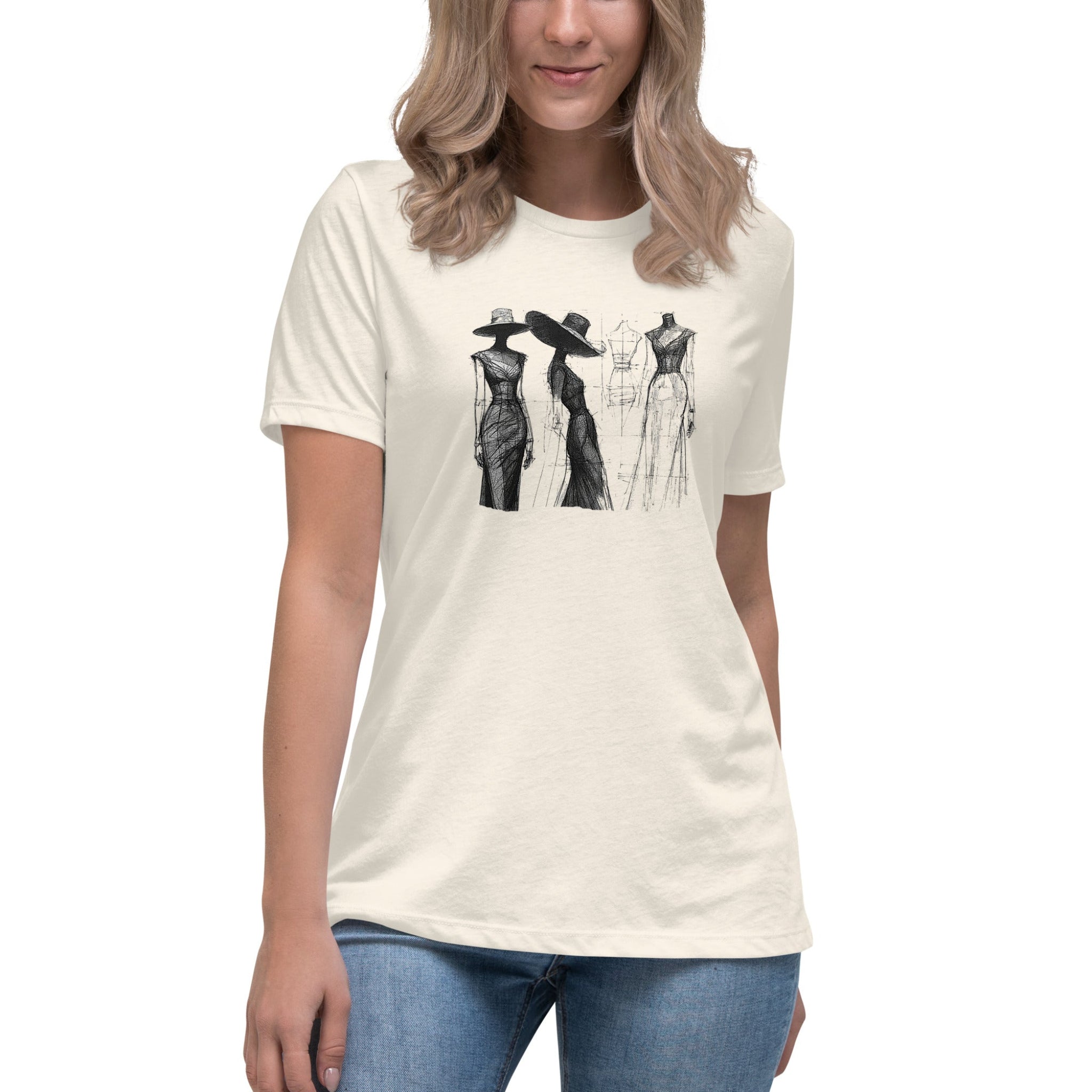 Woman wearing a white t-shirt with black fashion illustrations on a white background