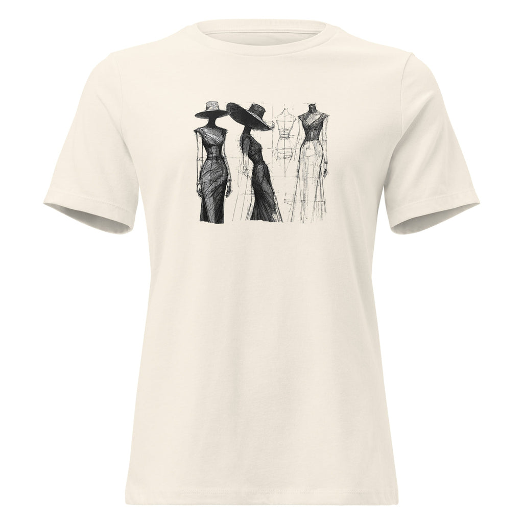 Beige t-shirt with black fashion illustration design on a white background.