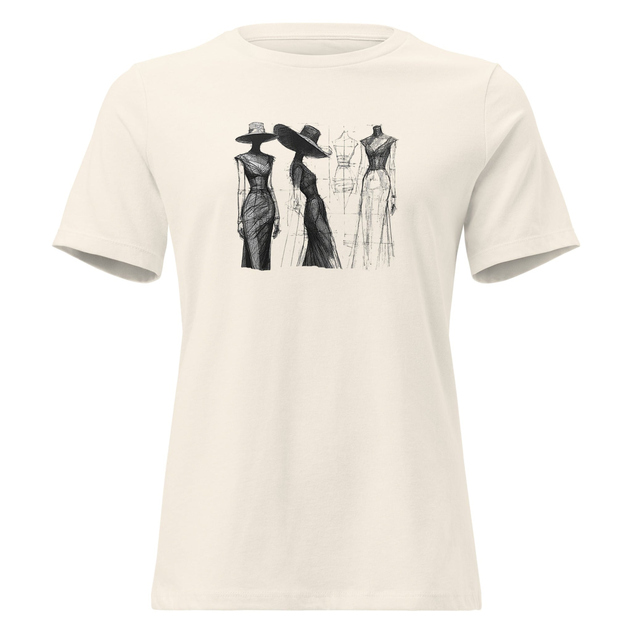 Beige t-shirt with black fashion illustration design on a white background.