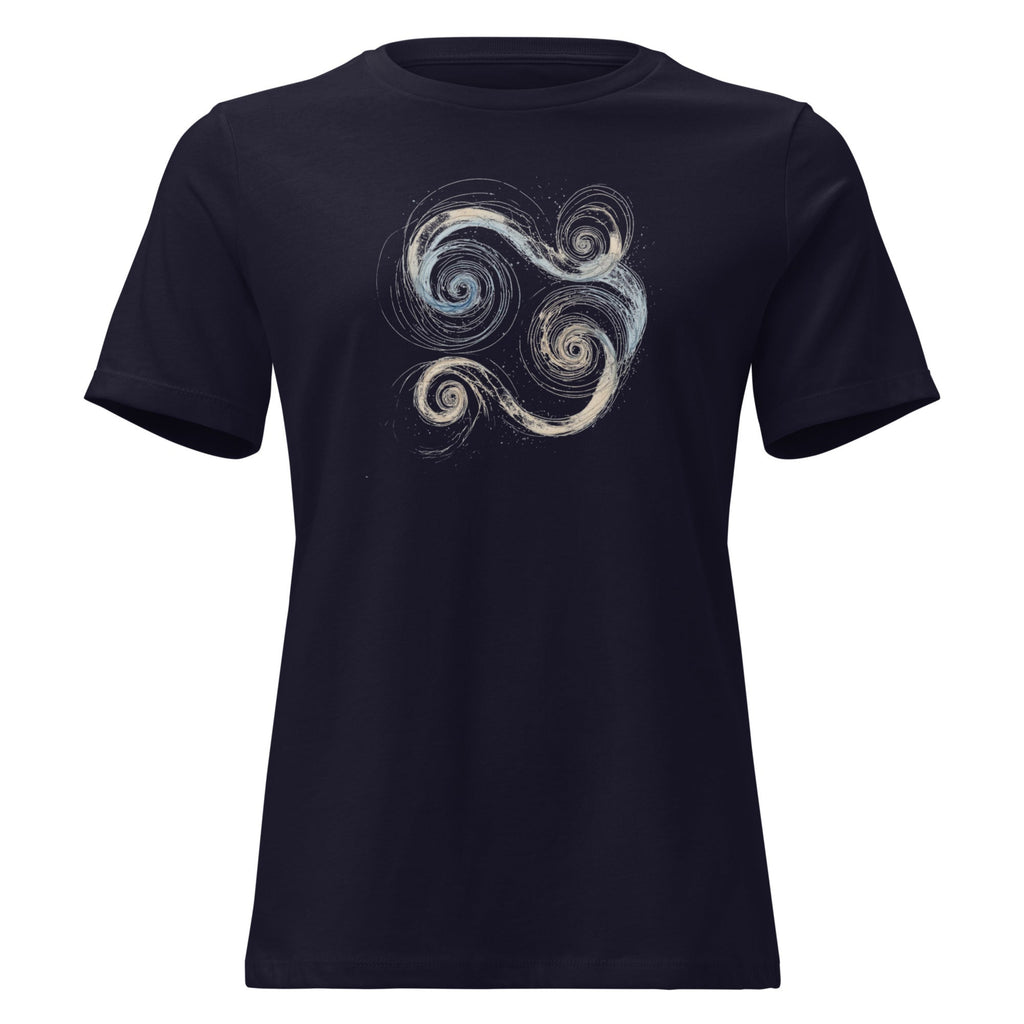 Close-up of a black t-shirt featuring a blue and gold Celtic Triskelion spiral design.