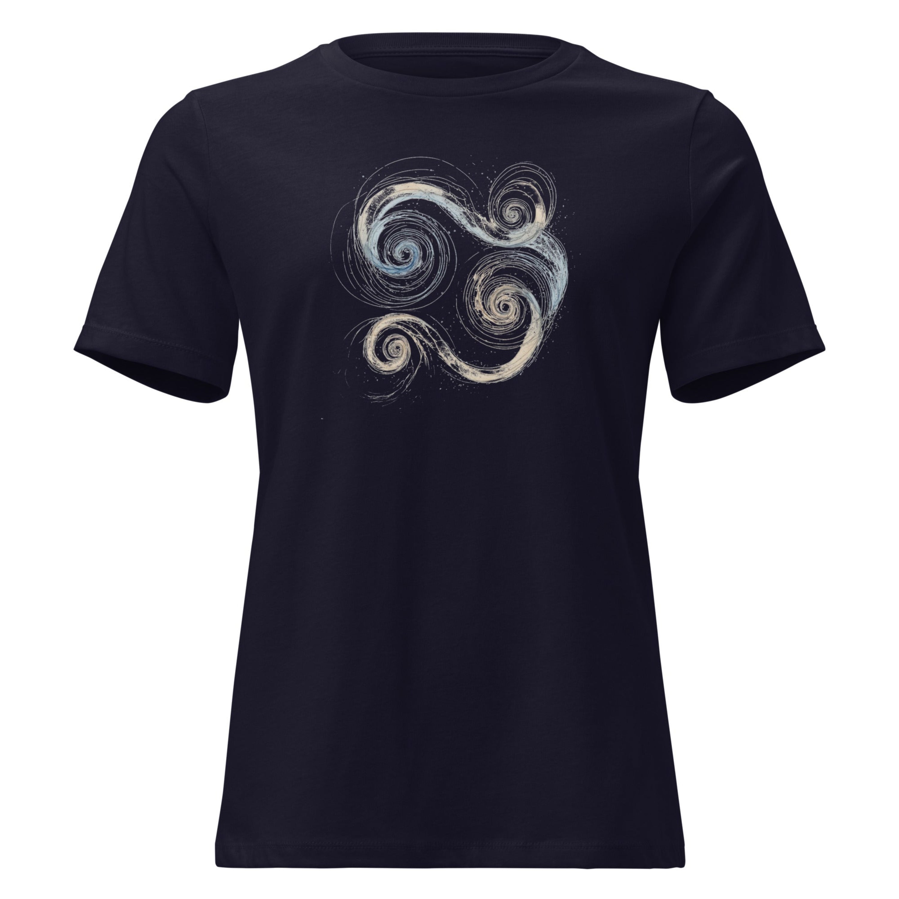 Close-up of a black t-shirt featuring a blue and gold Celtic Triskelion spiral design.