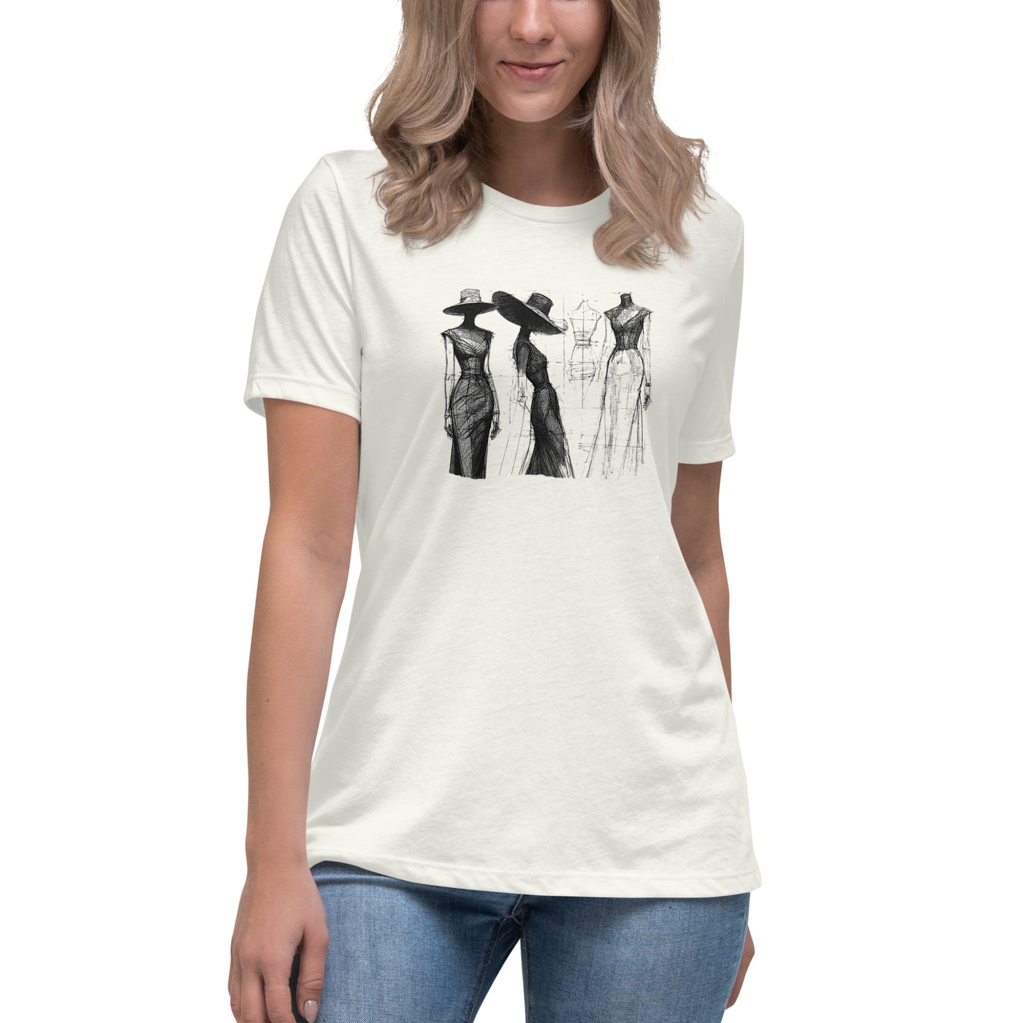 Woman wearing a white t-shirt with black graphics of women and hats on a white background