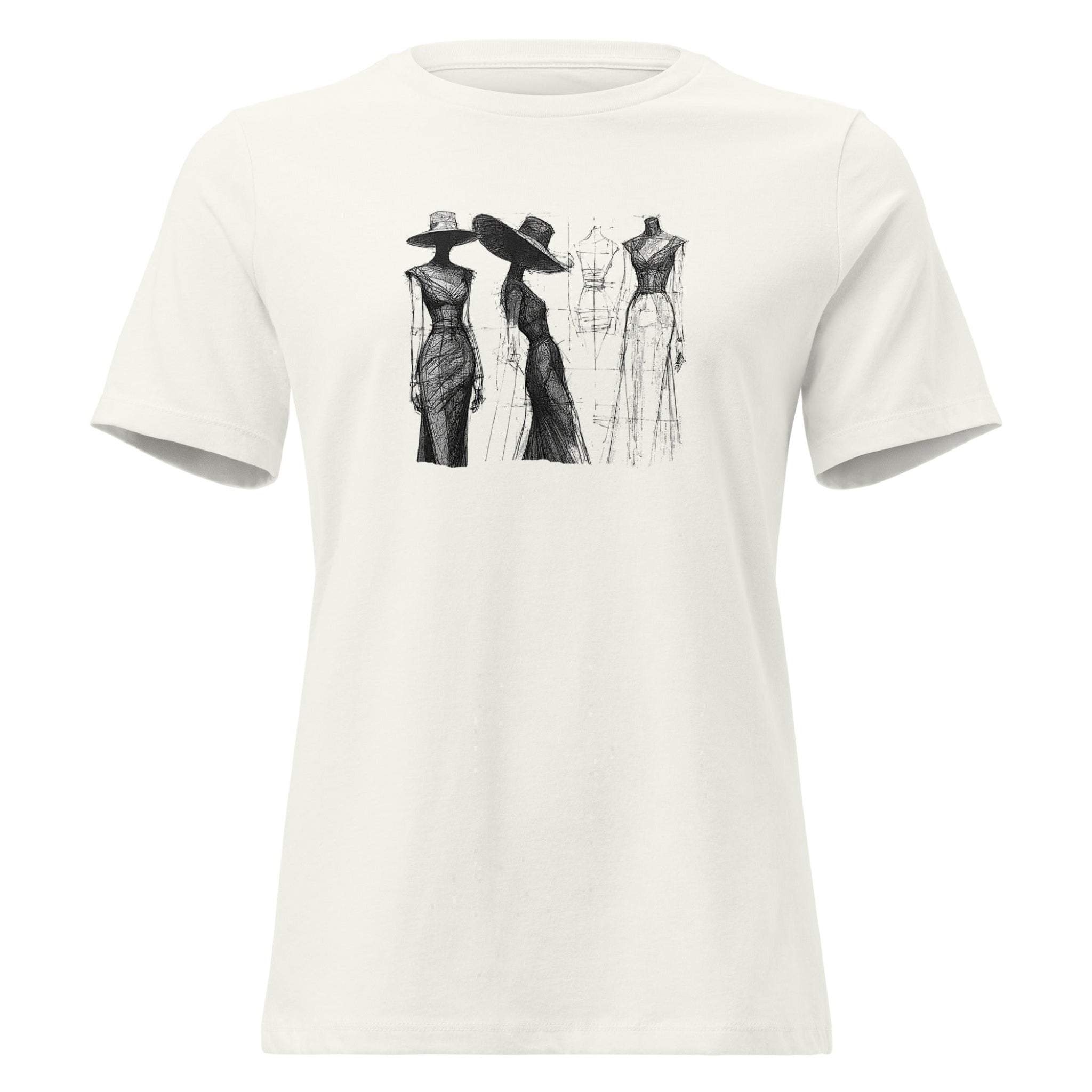 White t-shirt with black fashion illustration design on a white background.
