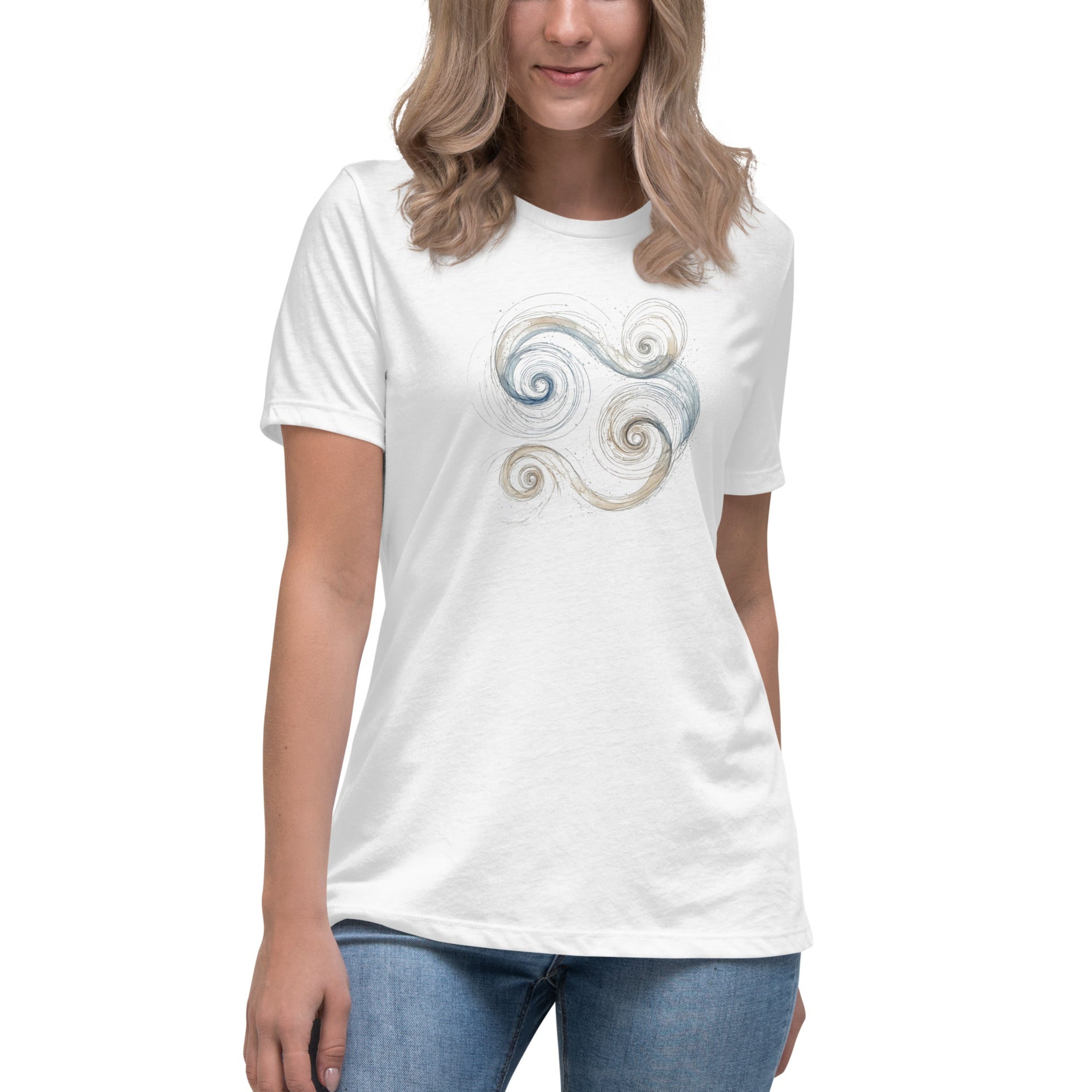 Close-up of a white t-shirt featuring a blue and gold Celtic Triskelion spiral design.