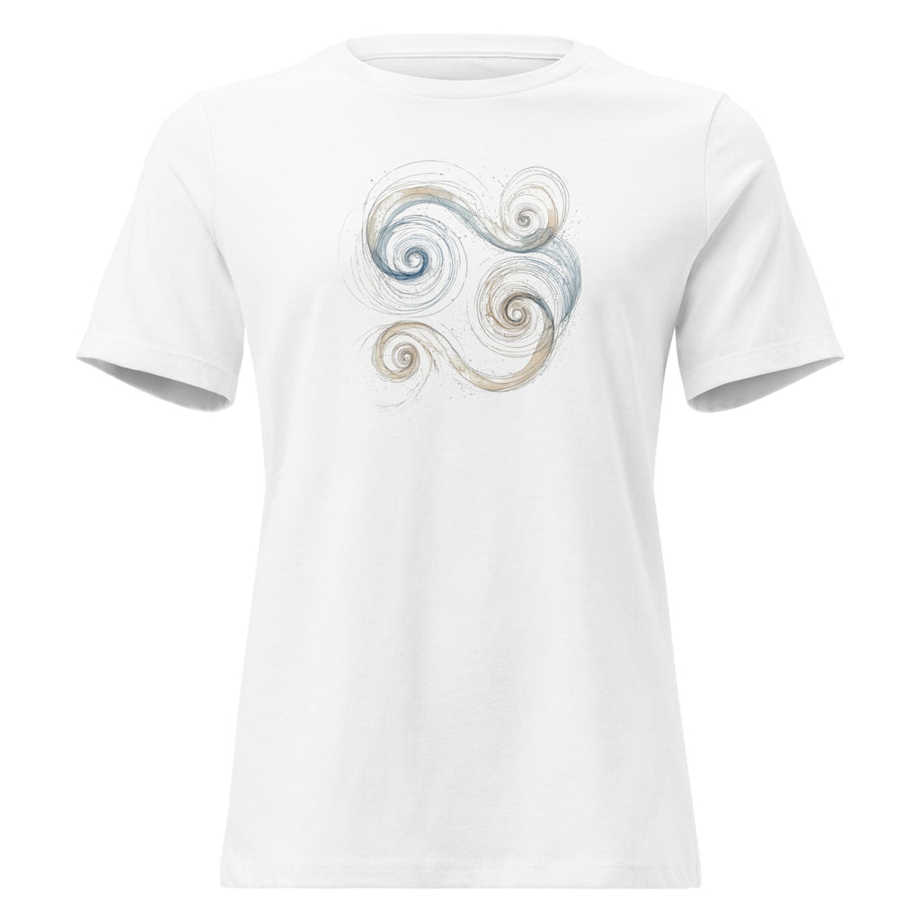 Close-up of a white t-shirt featuring a blue and gold Celtic Triskelion spiral design.
