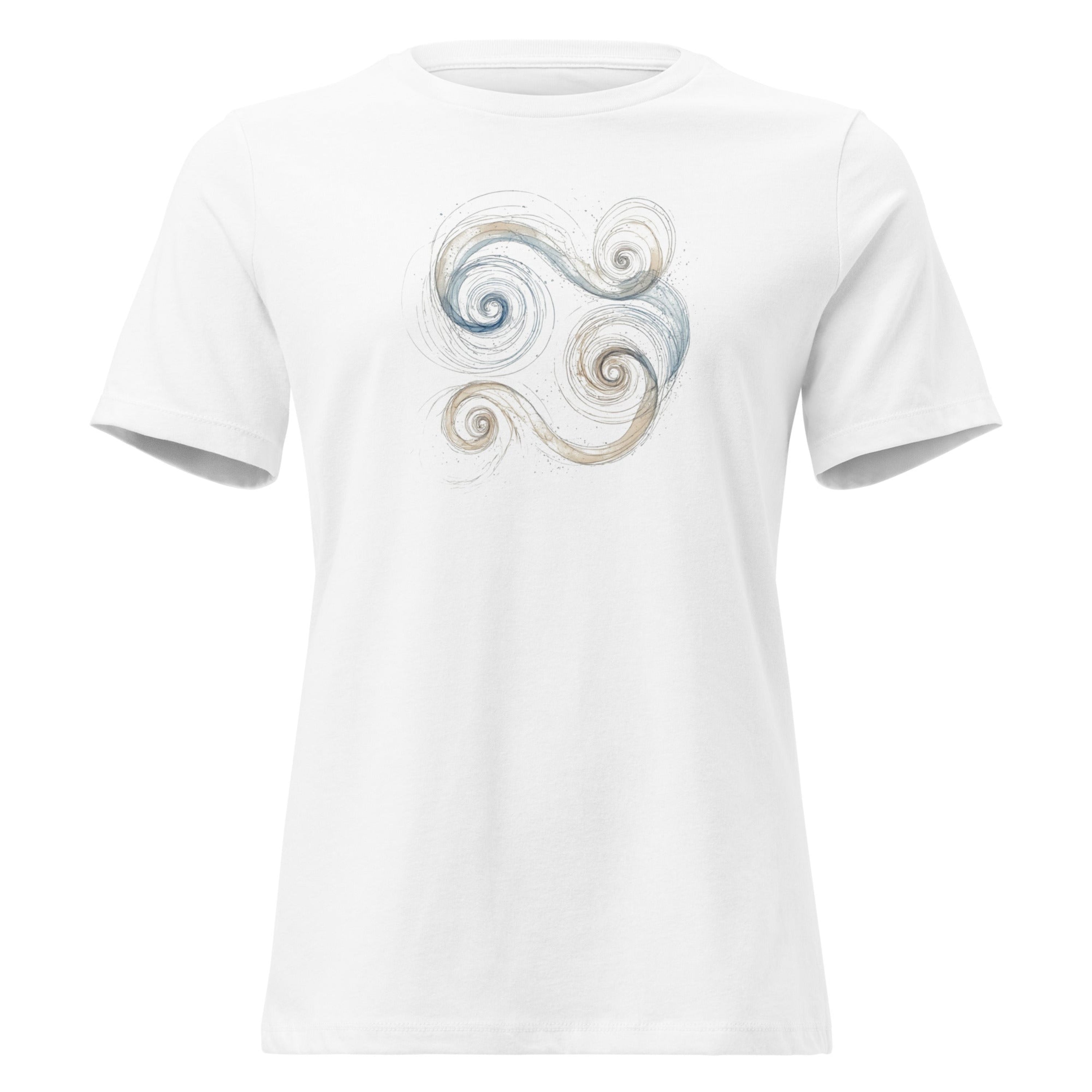 Close-up of a white t-shirt featuring a blue and gold Celtic Triskelion spiral design.