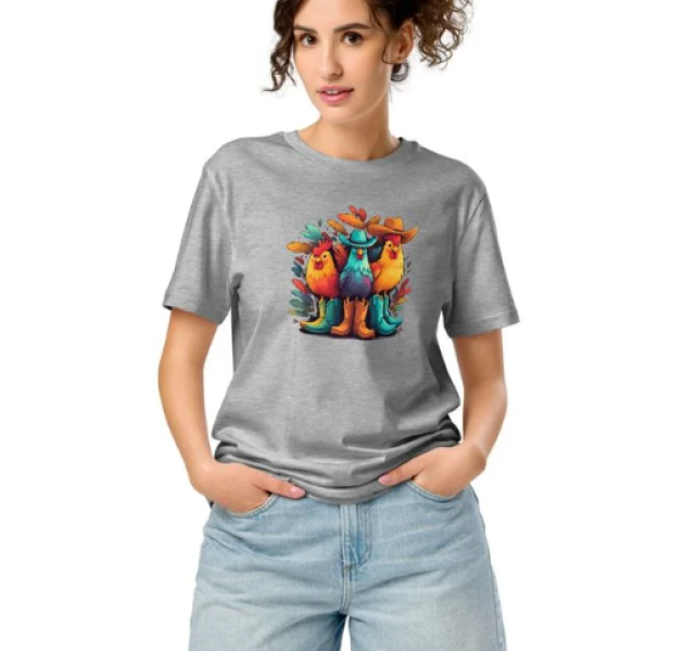 "Colorful Western Chickens" -- Unisex organic mid-light t-shirt