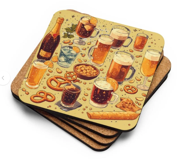 "Glasses & Mug" - Cork-Back Coasters 4 Pc